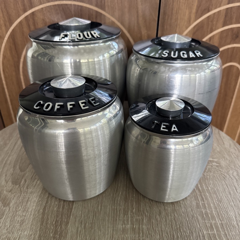 1950's Vintage Kromex Aluminum Canister Set Flour Sugar Coffee Tea MCM Retro